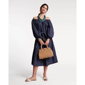 Frances Valentine Bliss Midi Dress Balloon Sleeve Cotton 1X Navy Blue NWT $398